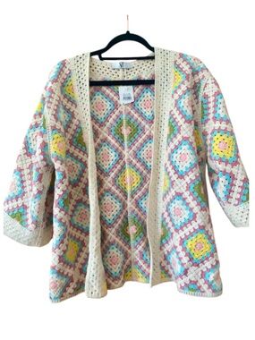 NWT AZ Crochet Granny Square Cardigan Boho Open Front Multicolor Festival OS